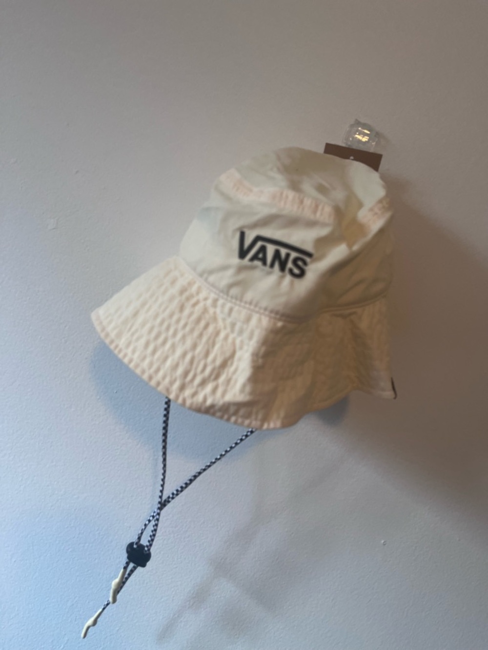 Vans Kids Cream Bucket Hat with Black Logo and Chin Cord